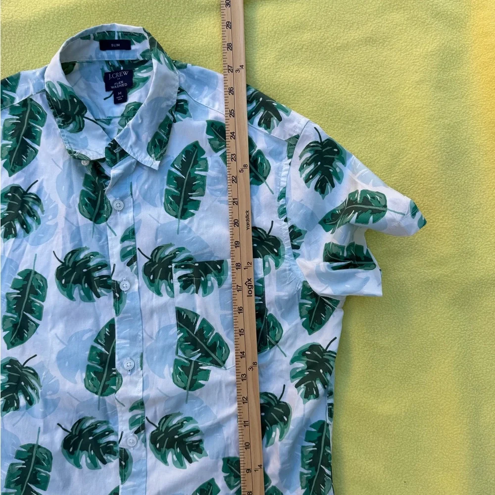 J. Crew White Short-Sleeve Button-Down with Green Leaf Print